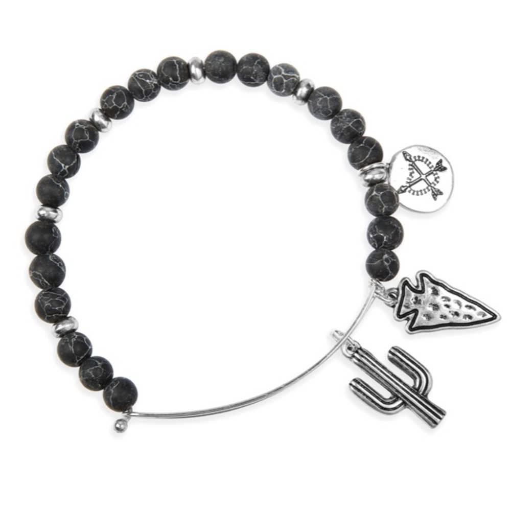 Desert Cactus charm bracelet black/silver, natural cut stones, boutique